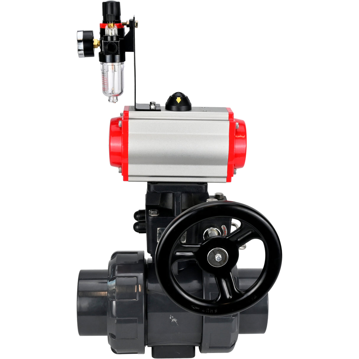 Ball valves Elephant BV4242E-FP-GRM-ISO, body material - UPVC, ball material - UPVC, seal - EPDM, with pneumatic actuator double action PA-DA, pneumatic distributor 4M310-08 220V, ATU AFC2000 and handwheel MON