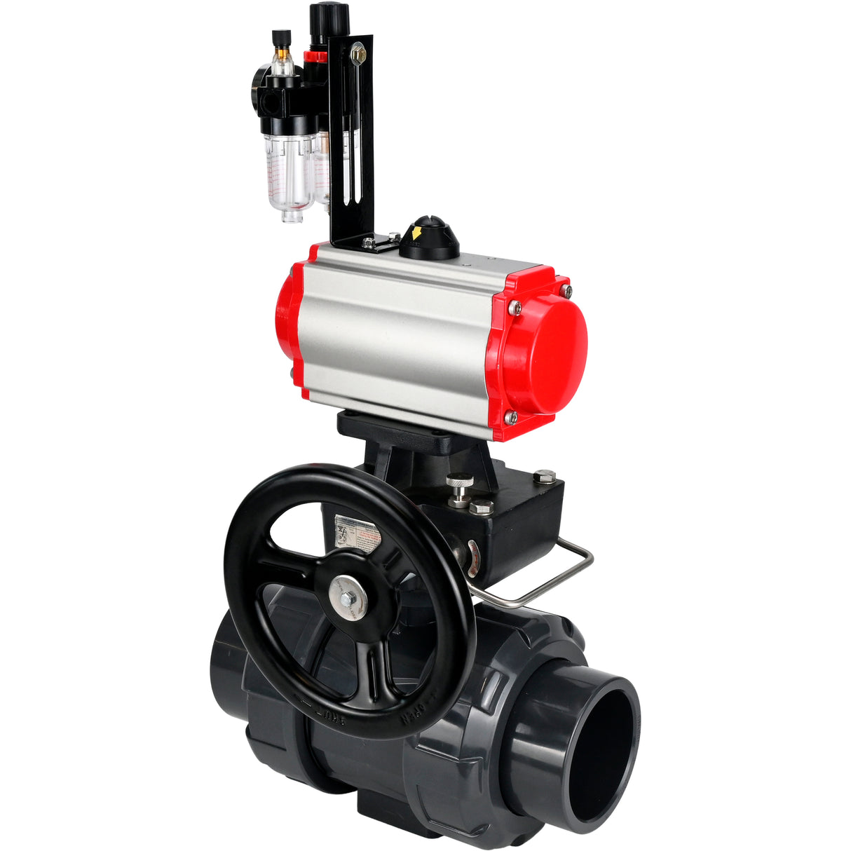 Ball valves Elephant BV4242E-FP-GRM-ISO, body material - UPVC, ball material - UPVC, seal - EPDM, with pneumatic actuator double action PA-DA, pneumatic distributor 4M310-08 220V, ATU AFC2000 and handwheel MON