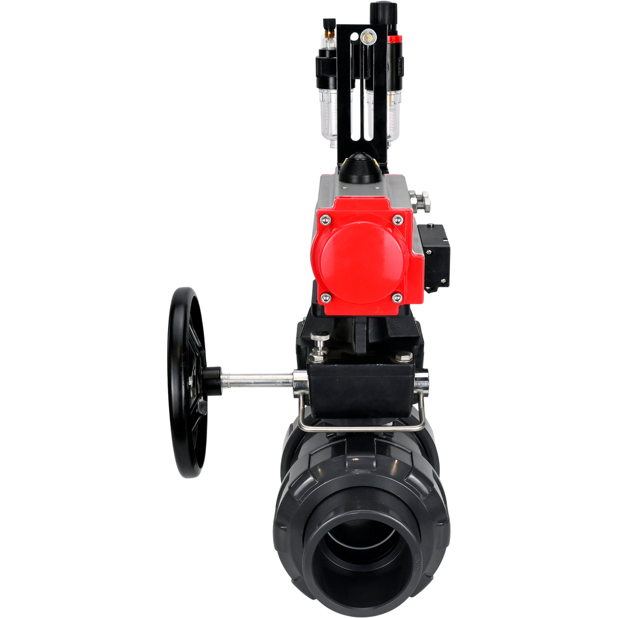 Ball valves Elephant BV4242E-FP-GRM-ISO, body material - UPVC, ball material - UPVC, seal - EPDM, with pneumatic actuator double action PA-DA, pneumatic distributor 4M310-08 220V, ATU AFC2000 and handwheel MON