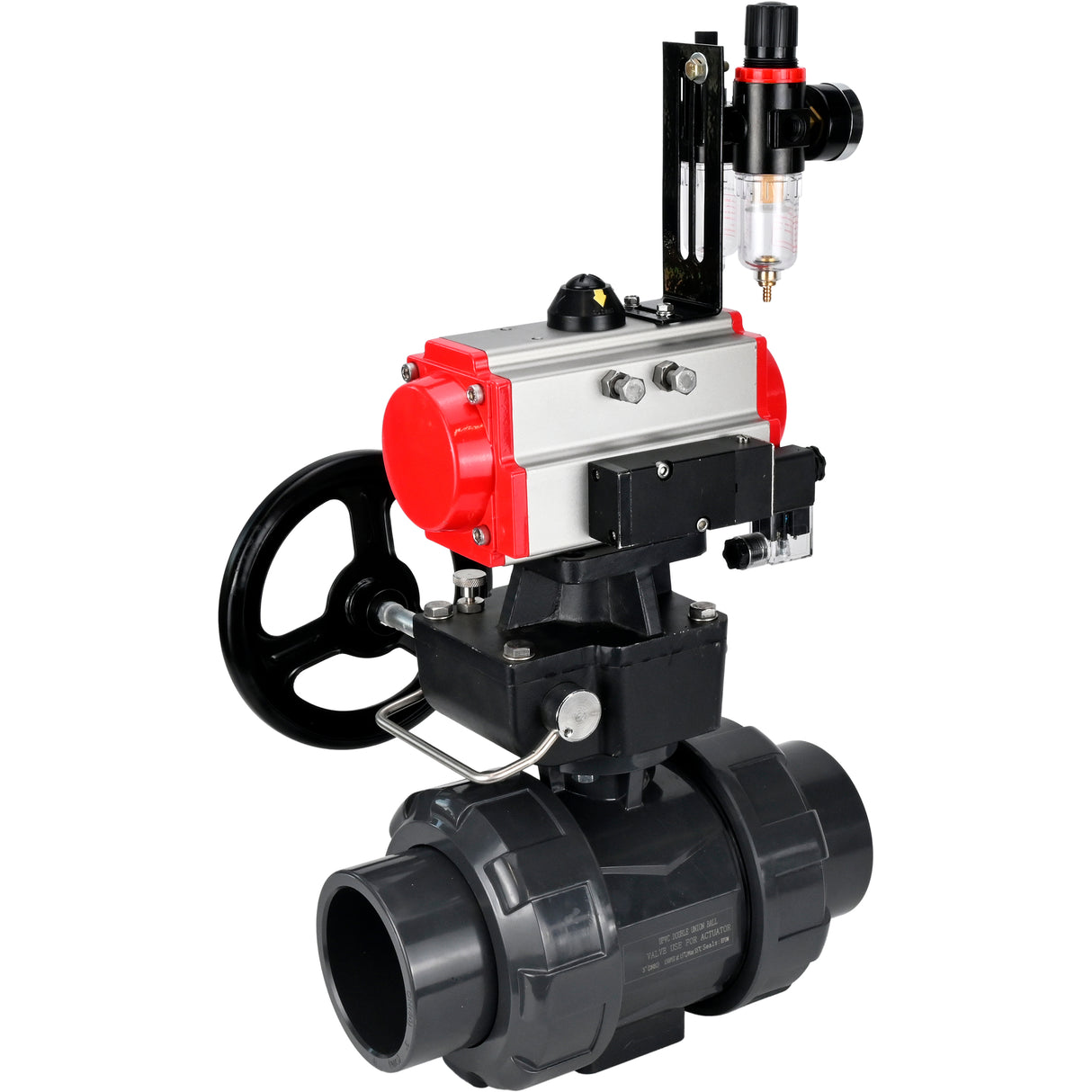 Ball valves Elephant BV4242E-FP-GRM-ISO, body material - UPVC, ball material - UPVC, seal - EPDM, with pneumatic actuator double action PA-DA, pneumatic distributor 4M310-08 220V, ATU AFC2000 and handwheel MON