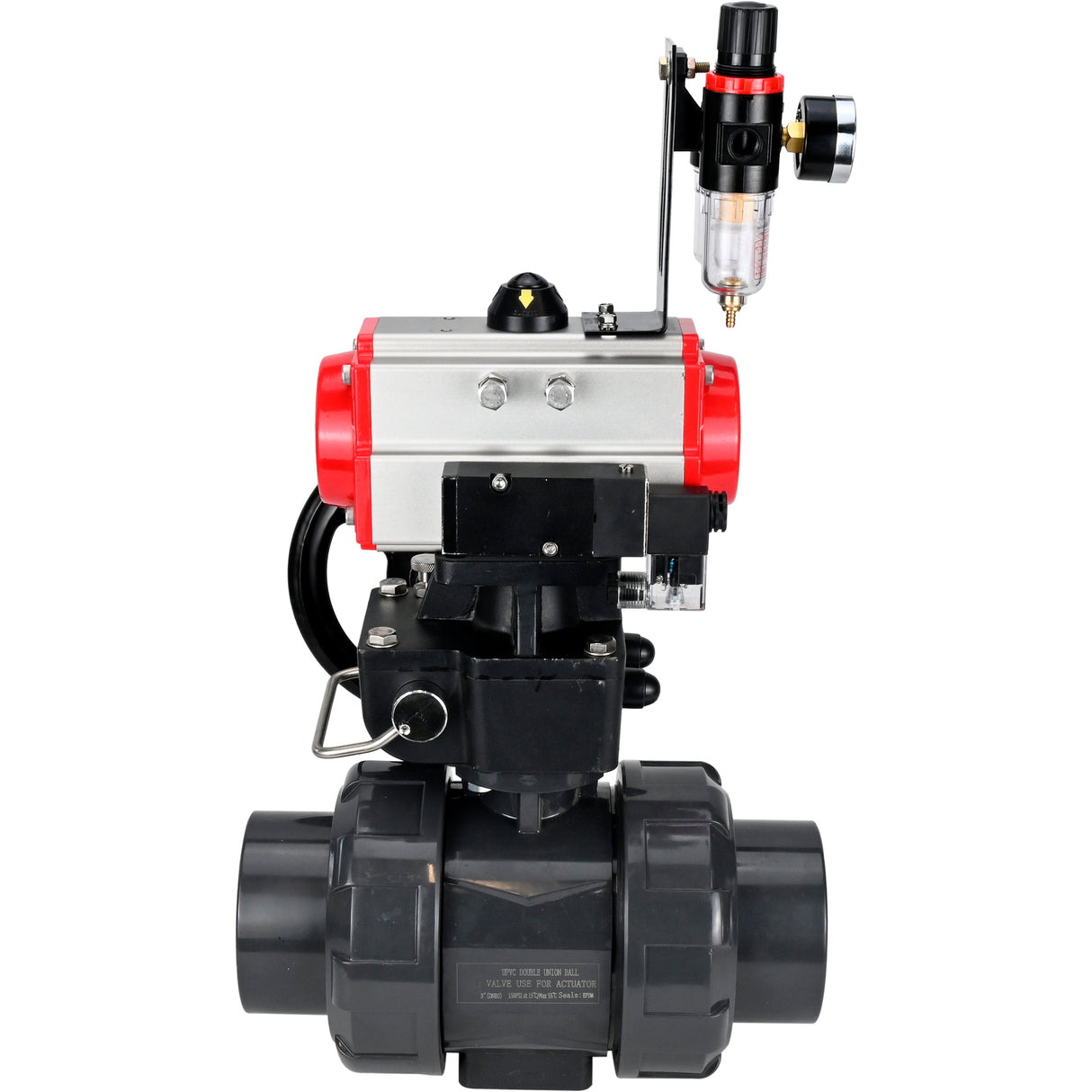 Ball valves Elephant BV4242E-FP-GRM-ISO, body material - UPVC, ball material - UPVC, seal - EPDM, with pneumatic actuator double action PA-DA, pneumatic distributor 4M310-08 220V, ATU AFC2000 and handwheel MON