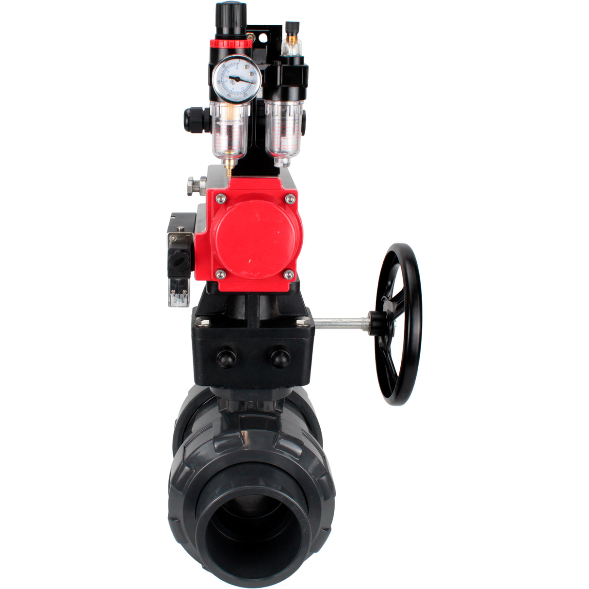 Ball valves Elephant BV4242E-FP-GRM-ISO, body material - UPVC, ball material - UPVC, seal - EPDM, with pneumatic actuator double action PA-DA, pneumatic distributor 4M310-08 220V, LSU APL-210N, ATU AFC2000 and handwheel MON