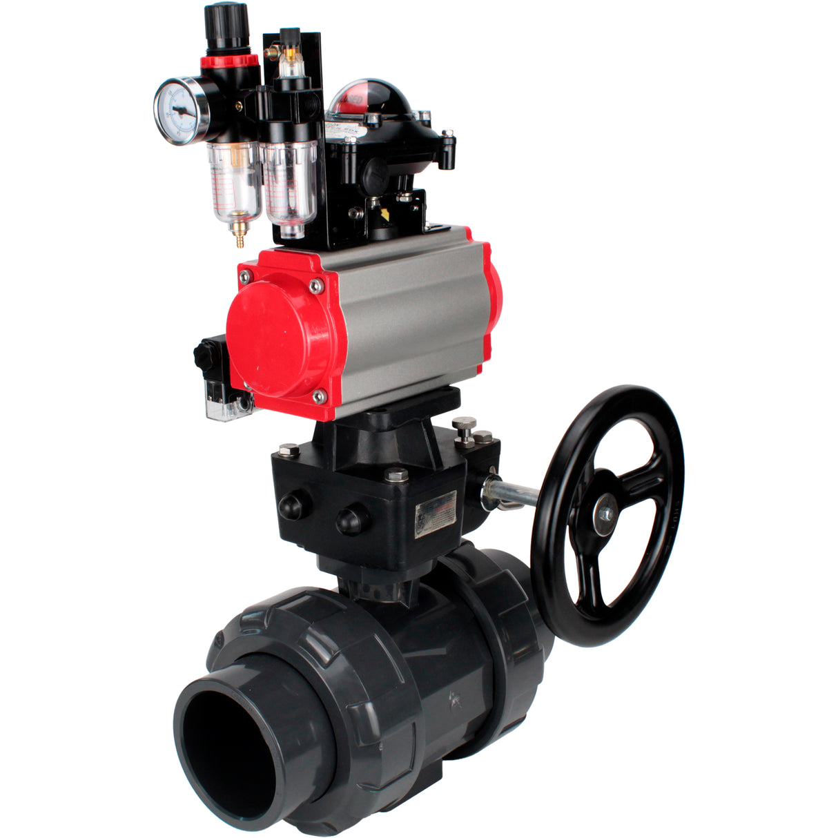 Ball valves Elephant BV4242E-FP-GRM-ISO, body material - UPVC, ball material - UPVC, seal - EPDM, with pneumatic actuator double action PA-DA, pneumatic distributor 4M310-08 220V, LSU APL-210N, ATU AFC2000 and handwheel MON