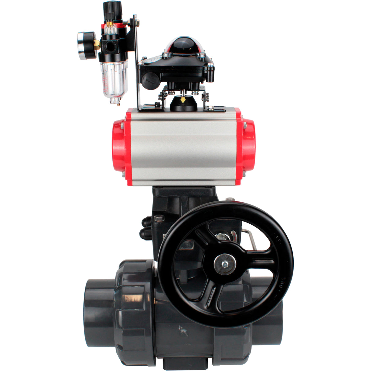 Ball valves Elephant BV4242E-FP-GRM-ISO, body material - UPVC, ball material - UPVC, seal - EPDM, with pneumatic actuator double action PA-DA, pneumatic distributor 4M310-08 220V, LSU APL-210N, ATU AFC2000 and handwheel MON
