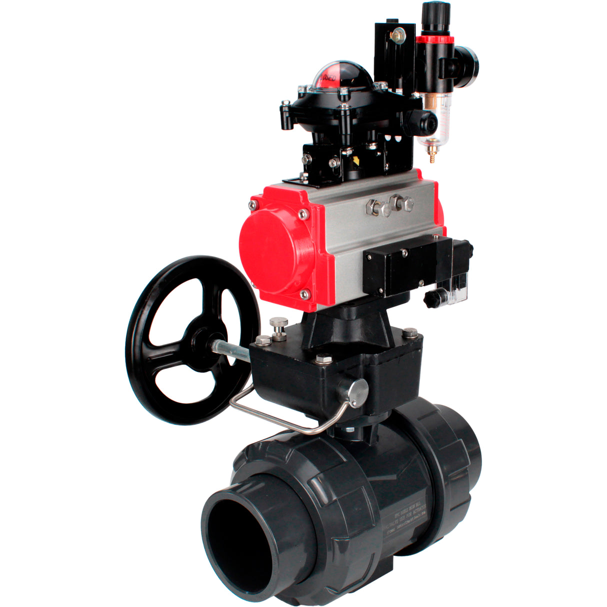 Ball valves Elephant BV4242E-FP-GRM-ISO, body material - UPVC, ball material - UPVC, seal - EPDM, with pneumatic actuator double action PA-DA, pneumatic distributor 4M310-08 220V, LSU APL-210N, ATU AFC2000 and handwheel MON