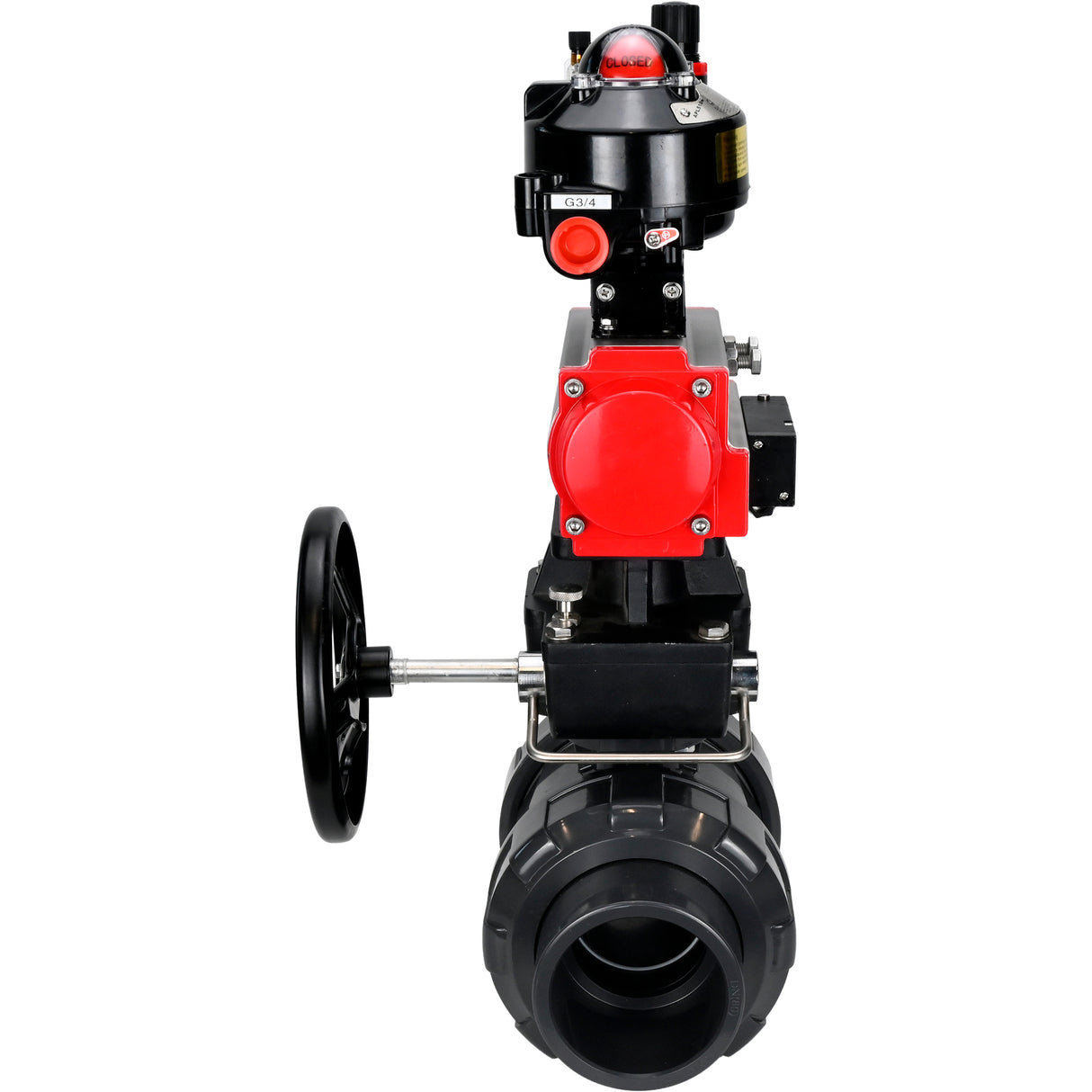 Ball valves Elephant BV4242E-FP-GRM-ISO, body material - UPVC, ball material - UPVC, seal - EPDM, with pneumatic actuator double action PA-DA, pneumatic distributor 4M310-08 220V, LSU APL-510N EX, ATU AFC2000 and handwheel MON