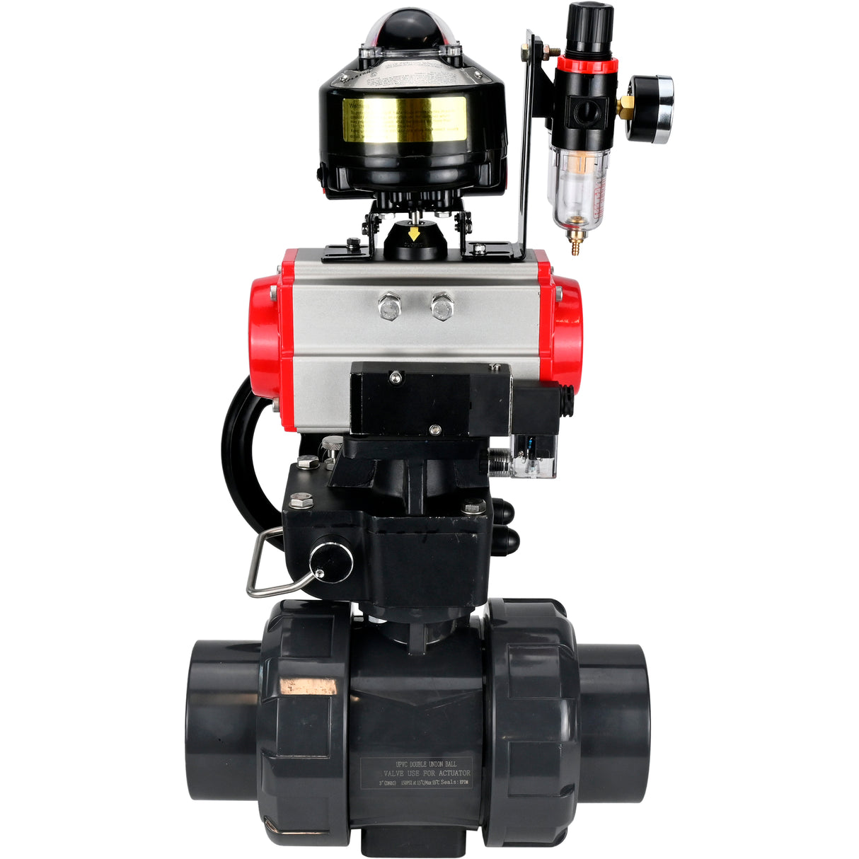 Ball valves Elephant BV4242E-FP-GRM-ISO, body material - UPVC, ball material - UPVC, seal - EPDM, with pneumatic actuator double action PA-DA, pneumatic distributor 4M310-08 220V, LSU APL-510N EX, ATU AFC2000 and handwheel MON