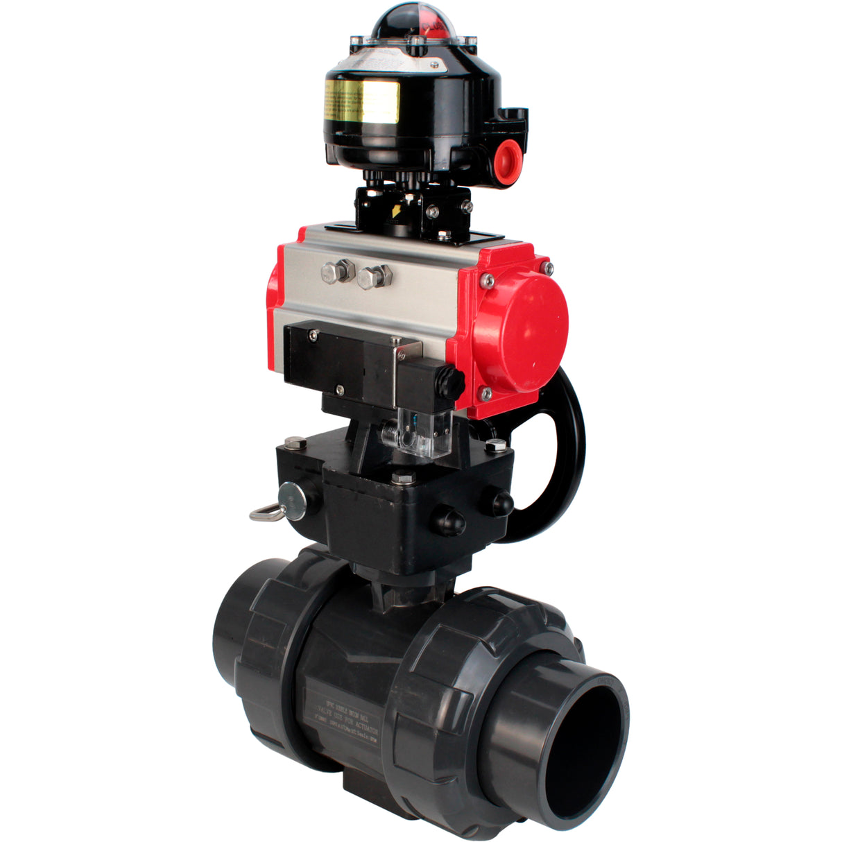 Ball valves Elephant BV4242E-FP-GRM-ISO, body material - UPVC, ball material - UPVC, seal - EPDM, with pneumatic actuator double action PA-DA, pneumatic distributor 4M310-08 24V, LSU APL-510N EX and handwheel MON