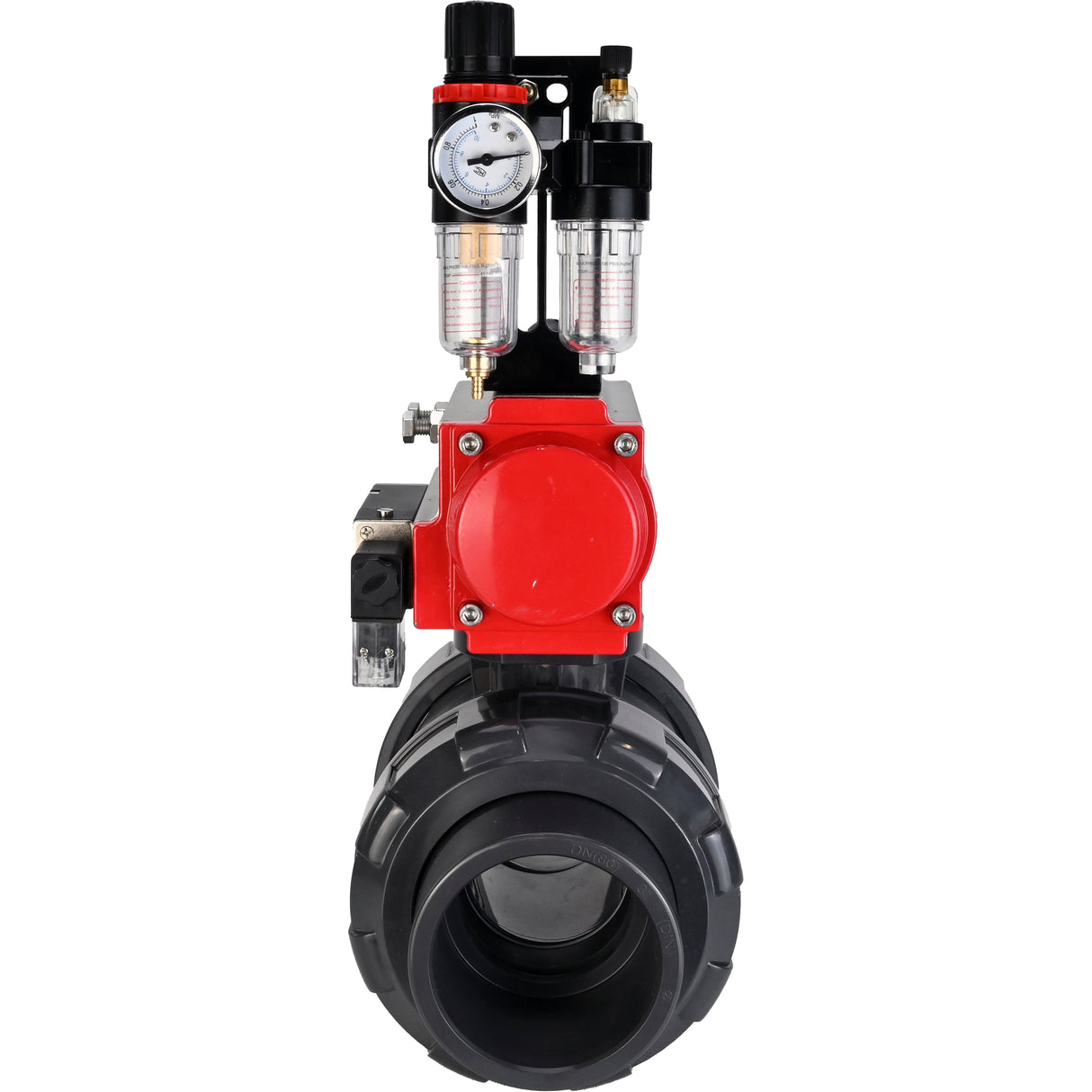 Ball valves Elephant BV4242E-FP-GRM-ISO, body material - UPVC, ball material - UPVC, seal - EPDM, with pneumatic actuator with return springs PA-SA, pneumatic distributor 4M310-08 24V and ATU AFC2000
