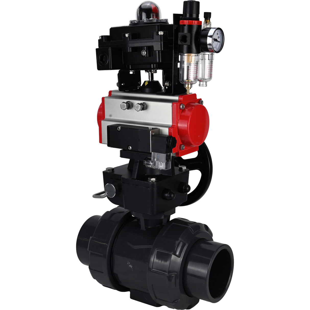 Ball valves Elephant BV4242E-FP-GRM-ISO, body material - UPVC, ball material - UPVC, seal - EPDM, with pneumatic actuator double action PA-DA, pneumatic distributor 4M310-08 220V, LSU APL-410N EX, ATU AFC2000 and handwheel MON