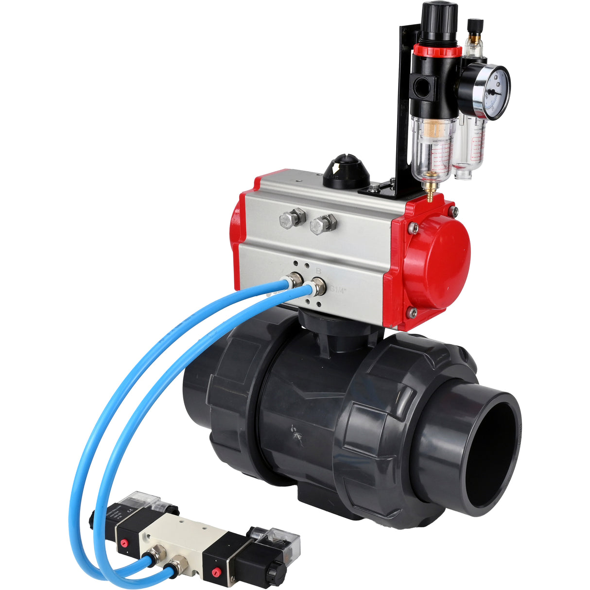 Ball valves Elephant BV4242E-FP-GRM-ISO, body material - UPVC, ball material - UPVC, seal - EPDM, with pneumatic actuator with return springs PA-SA, pneumatic distributor 4V320-10 220V and ATU AFC2000