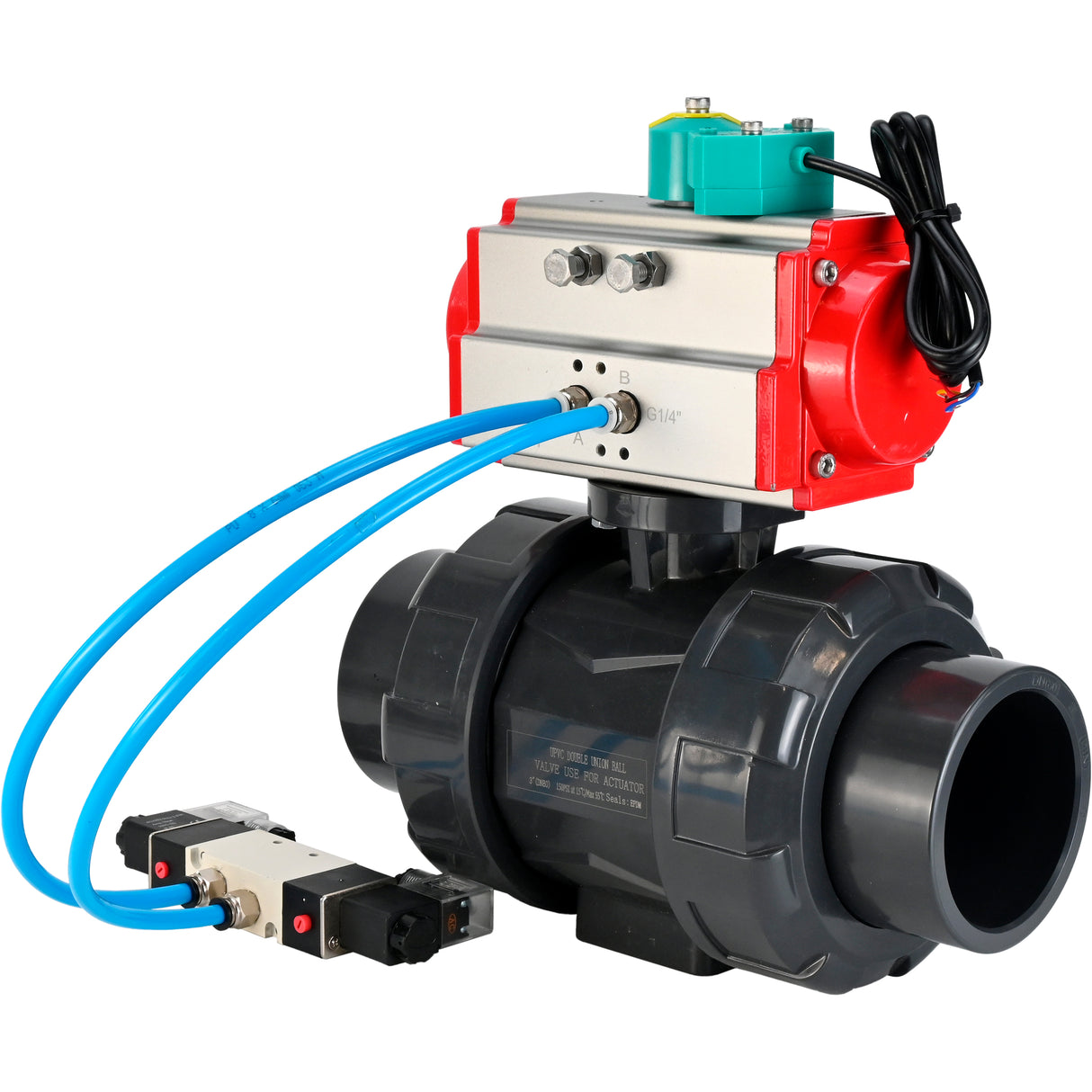 Ball valves Elephant BV4242E-FP-GRM-ISO, body material - UPVC, ball material - UPVC, seal - EPDM, with pneumatic actuator with return springs PA-SA, pneumatic distributor 4V320-08 220V and magnetic switch ALS200D
