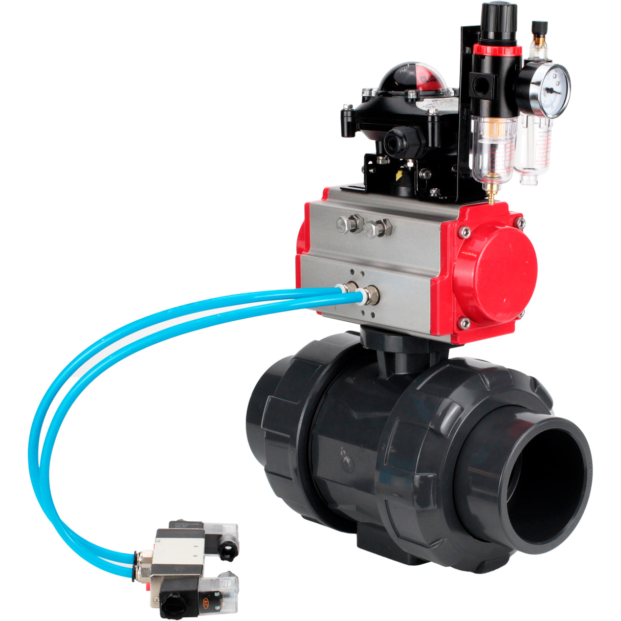 Ball valves Elephant BV4242E-FP-GRM-ISO, body material - UPVC, ball material - UPVC, seal - EPDM, with pneumatic actuator with return springs PA-SA, pneumatic distributor 4V320-08 220V, LSU APL-210N and ATU AFC2000