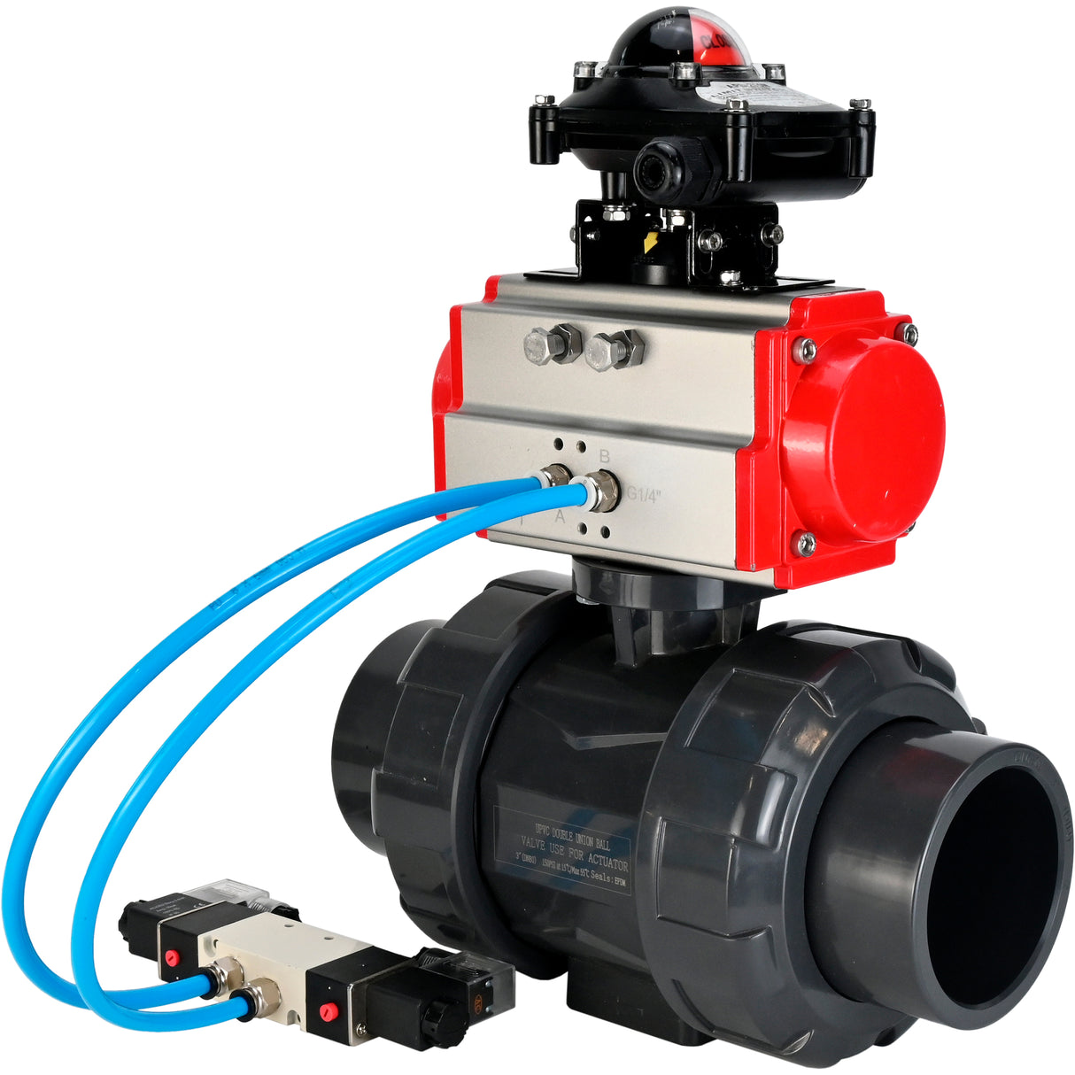 Ball valves Elephant BV4242E-FP-GRM-ISO, body material - UPVC, ball material - UPVC, seal - EPDM, with pneumatic actuator with return springs PA-SA, pneumatic distributor 4V320-10 220V and LSU APL-210N