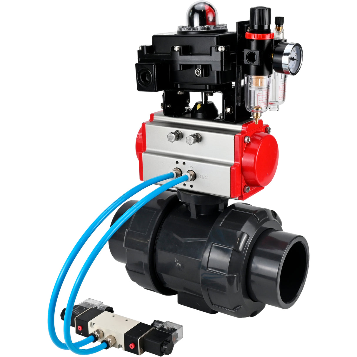 Ball valves Elephant BV4242E-FP-GRM-ISO, body material - UPVC, ball material - UPVC, seal - EPDM, with pneumatic actuator with return springs PA-SA, pneumatic distributor 4V320-10 220V, LSU APL-410N EX and ATU AFC2000