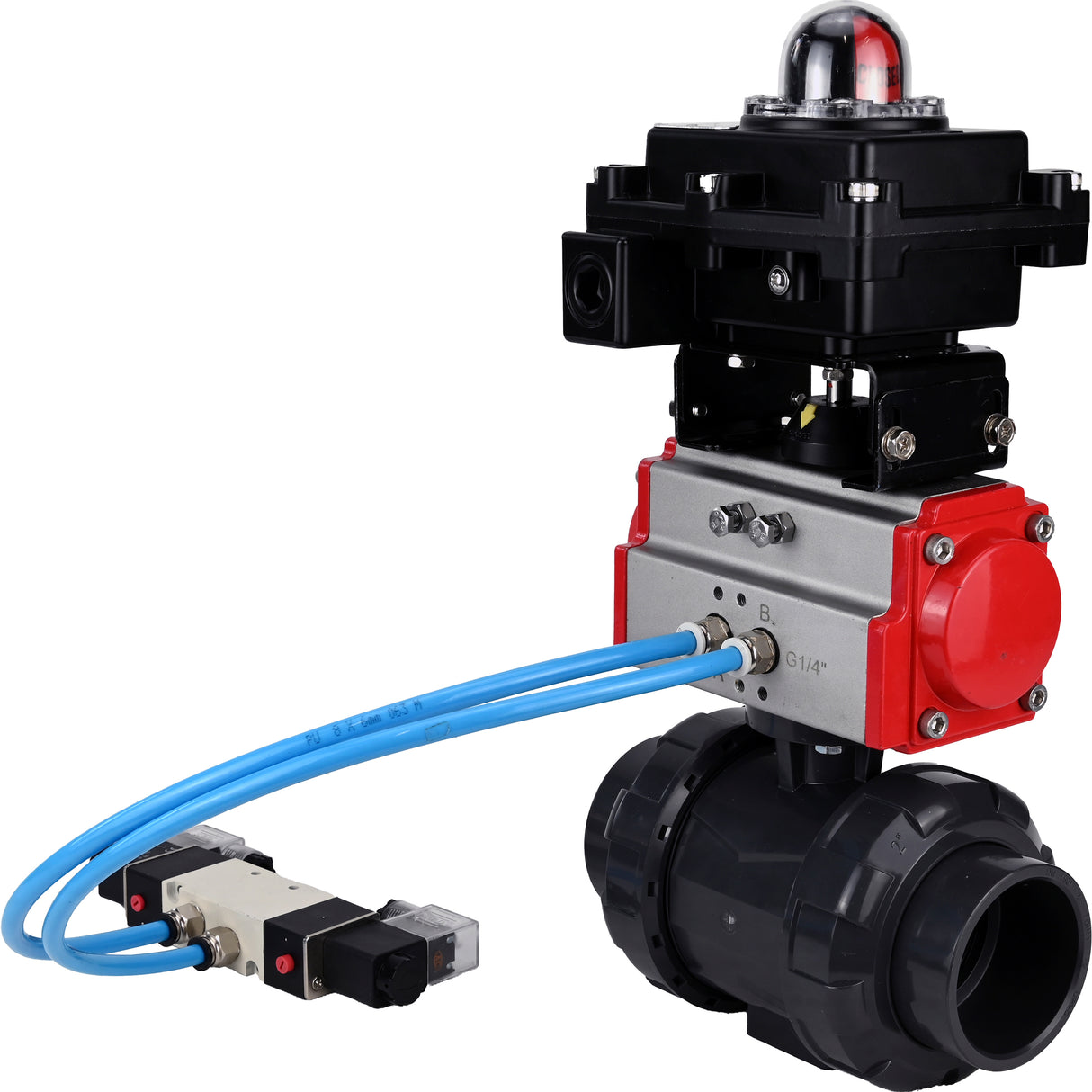 Ball valves Elephant BV4242E-FP-GRM-ISO, body material - UPVC, ball material - UPVC, seal - EPDM, with pneumatic actuator with return springs PA-SA, pneumatic distributor 4V320-10 220V and LSU APL-410N EX