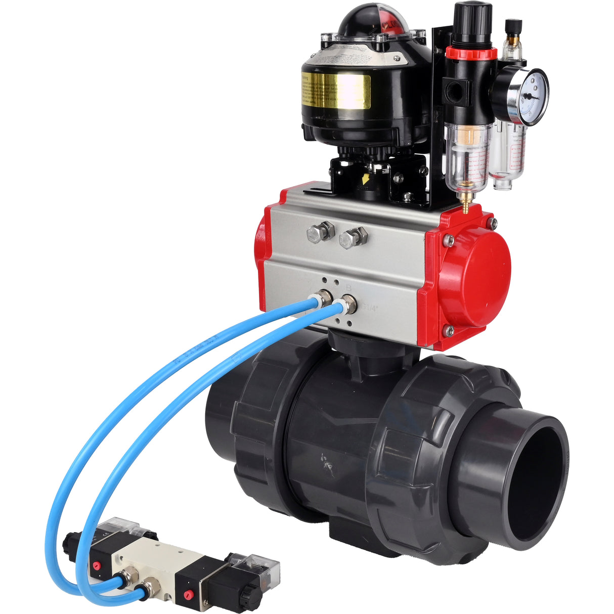 Ball valves Elephant BV4242E-FP-GRM-ISO, body material - UPVC, ball material - UPVC, seal - EPDM, with pneumatic actuator with return springs PA-SA, pneumatic distributor 4V320-08 220V, LSU APL-510N EX and ATU AFC2000