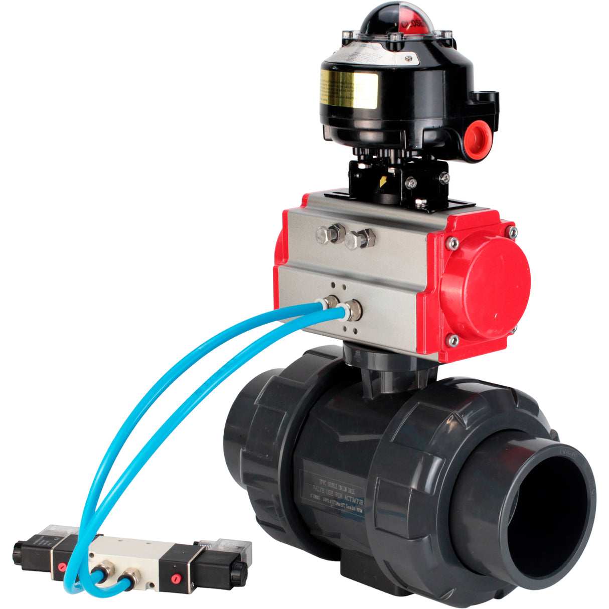 Ball valves Elephant BV4242E-FP-GRM-ISO, body material - UPVC, ball material - UPVC, seal - EPDM, with pneumatic actuator with return springs PA-SA, pneumatic distributor 4V320-10 220V and LSU APL-510N EX