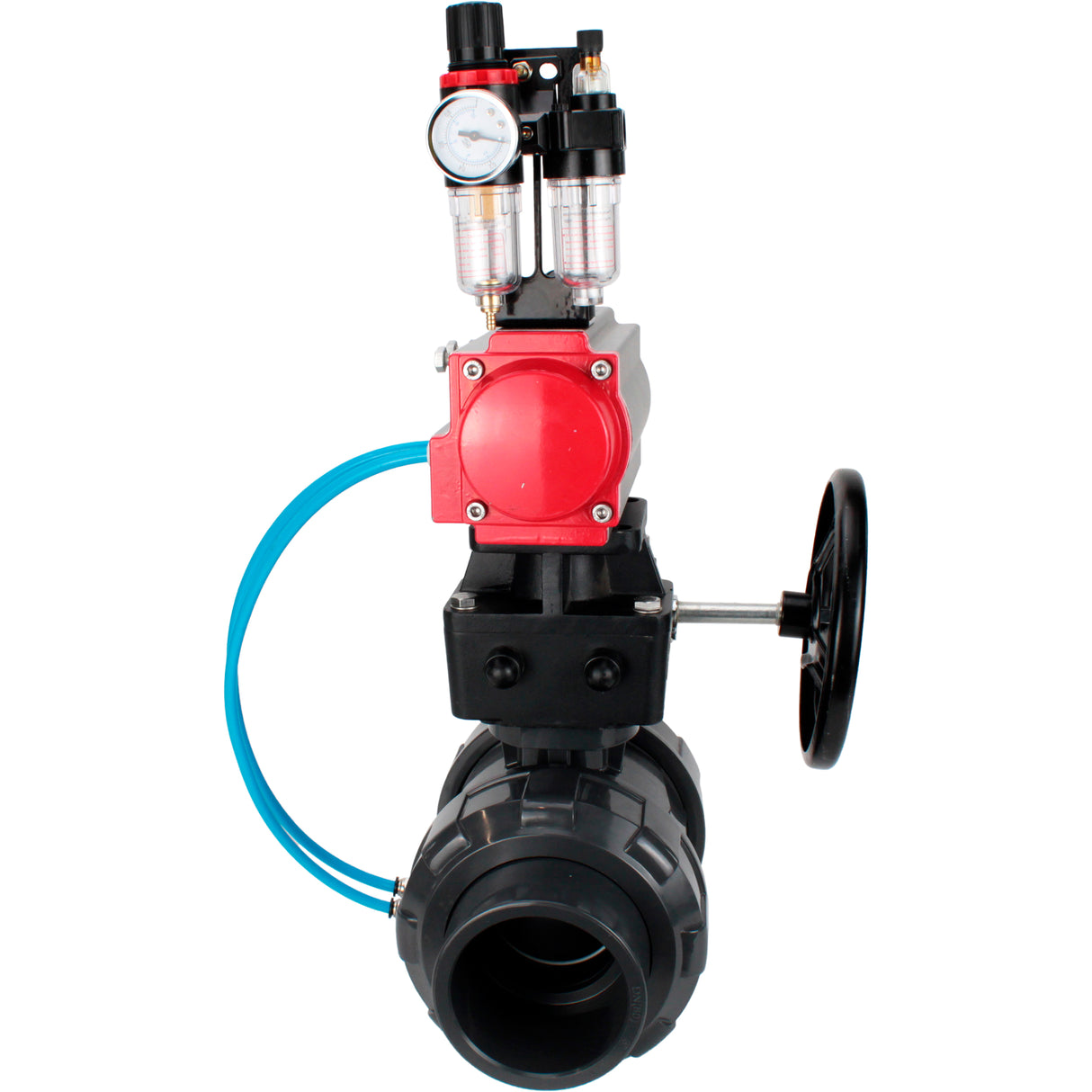Ball valves Elephant BV4242E-FP-GRM-ISO, body material - UPVC, ball material - UPVC, seal - EPDM, with pneumatic actuator double action PA-DA, pneumatic distributor 4V320-08 220V, ATU AFC2000 and handwheel MON