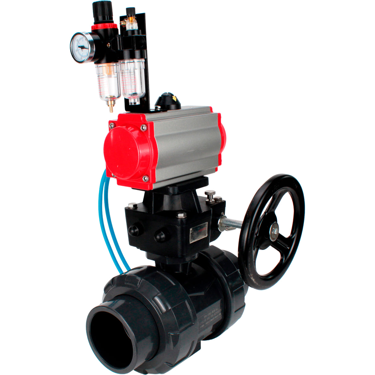 Ball valves Elephant BV4242E-FP-GRM-ISO, body material - UPVC, ball material - UPVC, seal - EPDM, with pneumatic actuator double action PA-DA, pneumatic distributor 4V320-08 220V, ATU AFC2000 and handwheel MON