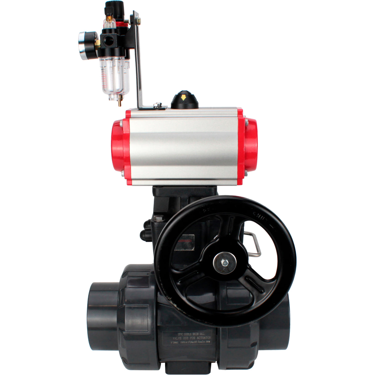 Ball valves Elephant BV4242E-FP-GRM-ISO, body material - UPVC, ball material - UPVC, seal - EPDM, with pneumatic actuator double action PA-DA, pneumatic distributor 4V320-08 220V, ATU AFC2000 and handwheel MON