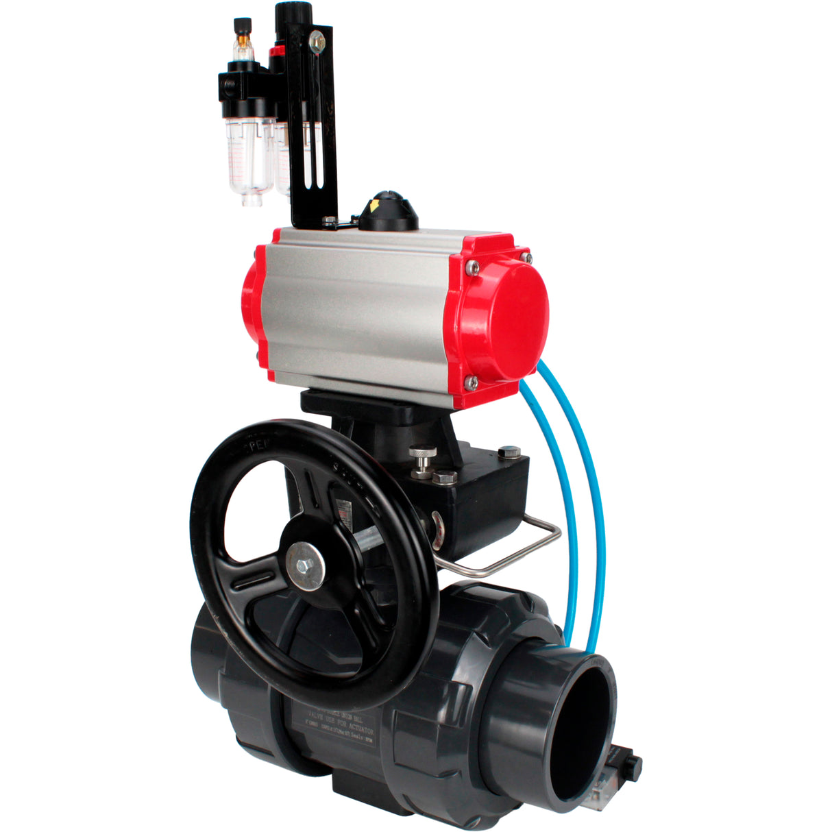 Ball valves Elephant BV4242E-FP-GRM-ISO, body material - UPVC, ball material - UPVC, seal - EPDM, with pneumatic actuator double action PA-DA, pneumatic distributor 4V320-08 220V, ATU AFC2000 and handwheel MON