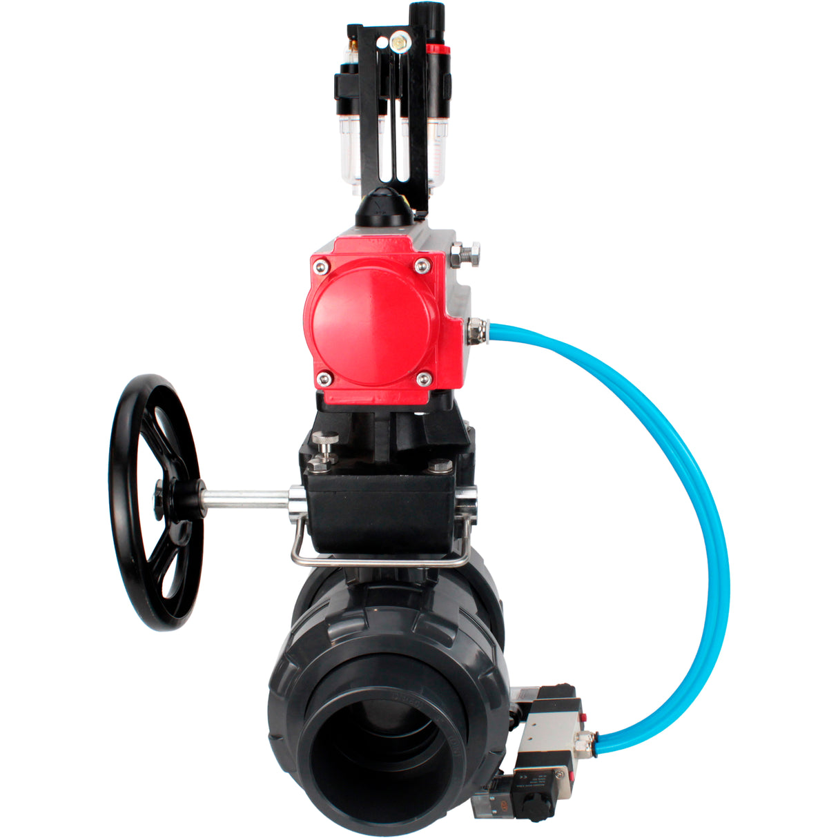 Ball valves Elephant BV4242E-FP-GRM-ISO, body material - UPVC, ball material - UPVC, seal - EPDM, with pneumatic actuator double action PA-DA, pneumatic distributor 4V320-08 220V, ATU AFC2000 and handwheel MON