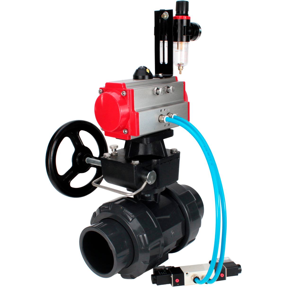 Ball valves Elephant BV4242E-FP-GRM-ISO, body material - UPVC, ball material - UPVC, seal - EPDM, with pneumatic actuator double action PA-DA, pneumatic distributor 4V320-08 220V, ATU AFC2000 and handwheel MON