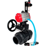 Ball valves Elephant BV4242E-FP-GRM-ISO, body material - UPVC, ball material - UPVC, seal - EPDM, with pneumatic actuator double action PA-DA, pneumatic distributor 4V320-08 220V, ATU AFC2000 and handwheel MON