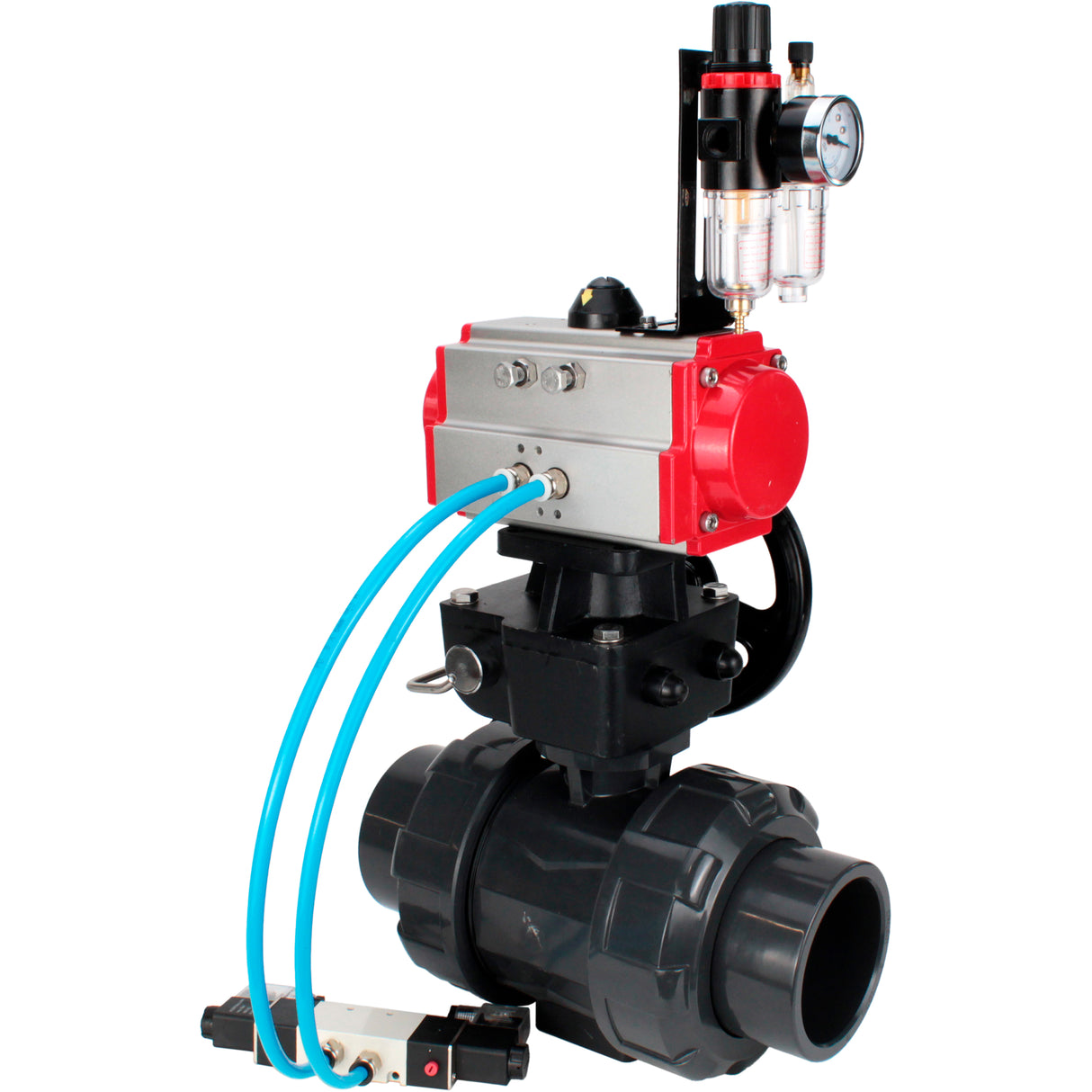 Ball valves Elephant BV4242E-FP-GRM-ISO, body material - UPVC, ball material - UPVC, seal - EPDM, with pneumatic actuator double action PA-DA, pneumatic distributor 4V320-08 220V, ATU AFC2000 and handwheel MON
