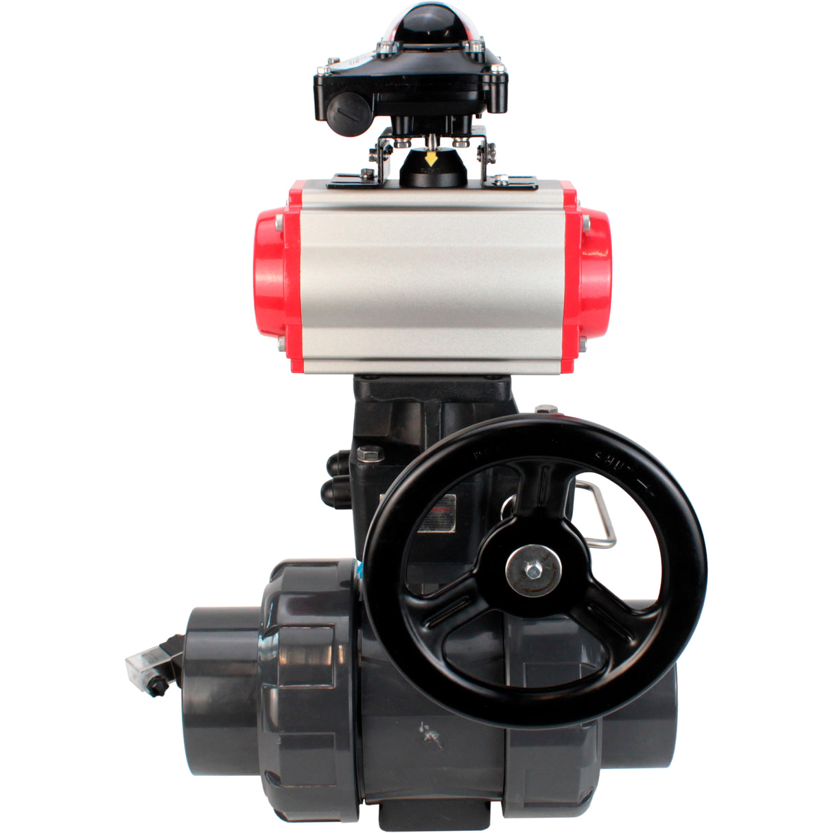 Ball valves Elephant BV4242E-FP-GRM-ISO, body material - UPVC, ball material - UPVC, seal - EPDM, with pneumatic actuator double action PA-DA, pneumatic distributor 4V320-08 220V, LSU APL-210N EX and handwheel MON