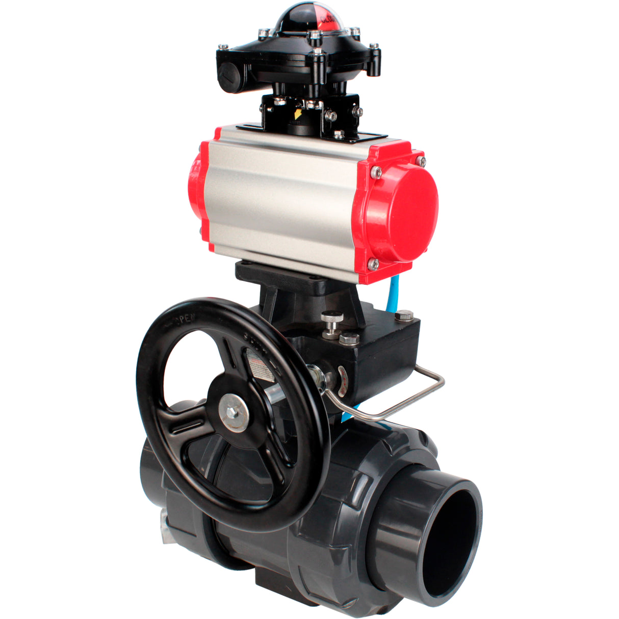 Ball valves Elephant BV4242E-FP-GRM-ISO, body material - UPVC, ball material - UPVC, seal - EPDM, with pneumatic actuator double action PA-DA, pneumatic distributor 4V320-08 220V, LSU APL-210N EX and handwheel MON