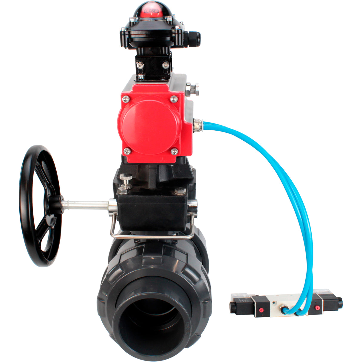 Ball valves Elephant BV4242E-FP-GRM-ISO, body material - UPVC, ball material - UPVC, seal - EPDM, with pneumatic actuator double action PA-DA, pneumatic distributor 4V320-08 220V, LSU APL-210N EX and handwheel MON