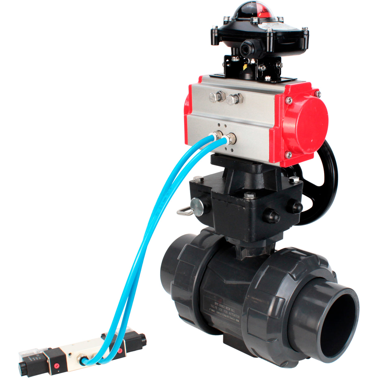 Ball valves Elephant BV4242E-FP-GRM-ISO, body material - UPVC, ball material - UPVC, seal - EPDM, with pneumatic actuator double action PA-DA, pneumatic distributor 4V320-08 220V, LSU APL-210N EX and handwheel MON