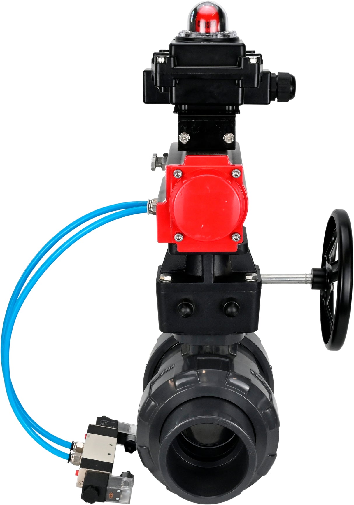 Ball valves Elephant BV4242E-FP-GRM-ISO, body material - UPVC, ball material - UPVC, seal - EPDM, with pneumatic actuator double action PA-DA, pneumatic distributor 4V320-08 220V, LSU APL-410N EX and handwheel MON