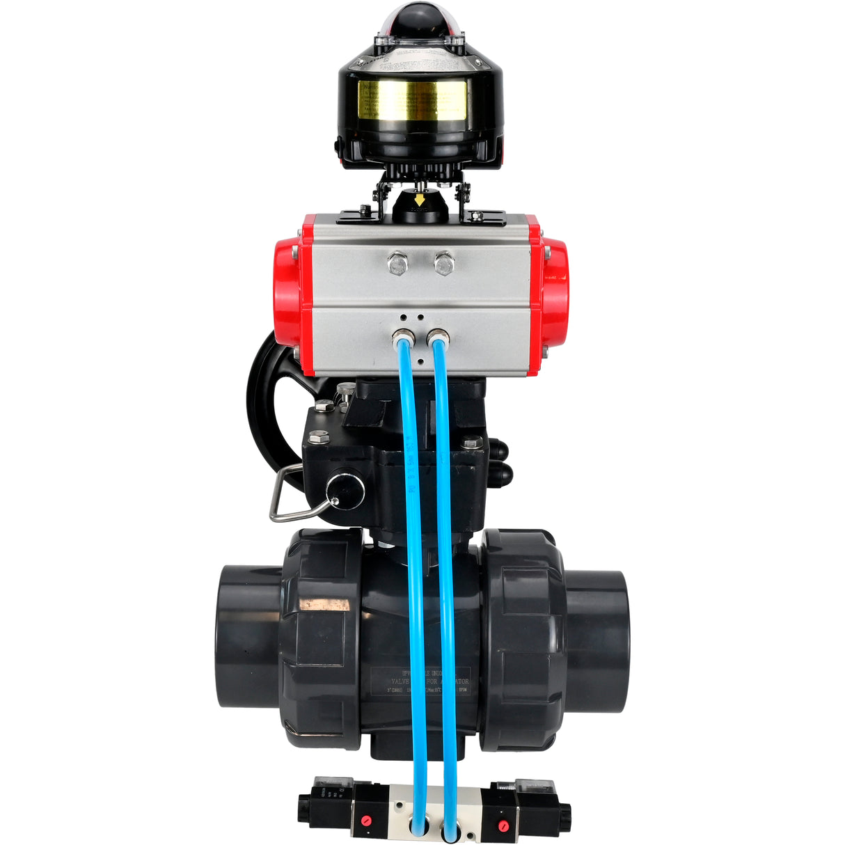 Ball valves Elephant BV4242E-FP-GRM-ISO, body material - UPVC, ball material - UPVC, seal - EPDM, with pneumatic actuator double action PA-DA, pneumatic distributor 4V320-08 220V, LSU APL-510N EX and handwheel MON