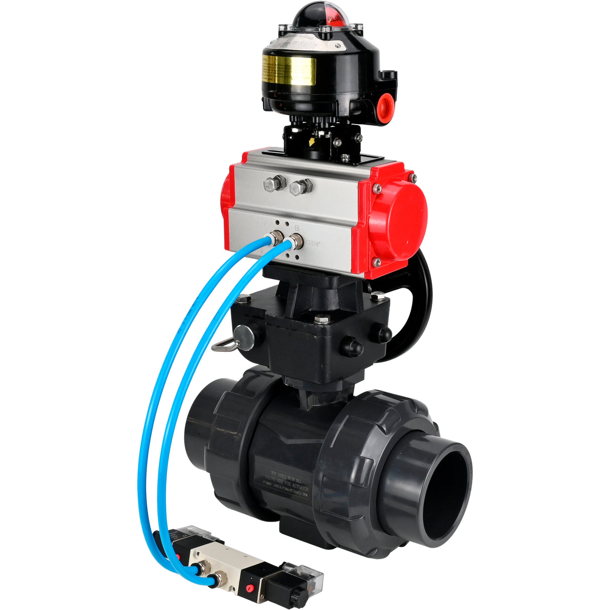 Ball valves Elephant BV4242E-FP-GRM-ISO, body material - UPVC, ball material - UPVC, seal - EPDM, with pneumatic actuator double action PA-DA, pneumatic distributor 4V320-08 220V, LSU APL-510N EX and handwheel MON
