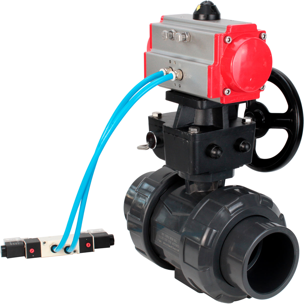 Ball valves Elephant BV4242E-FP-GRM-ISO, body material - UPVC, ball material - UPVC, seal - EPDM, with pneumatic actuator double action PA-DA, pneumatic distributor 4V320-08 220V and handwheel MON
