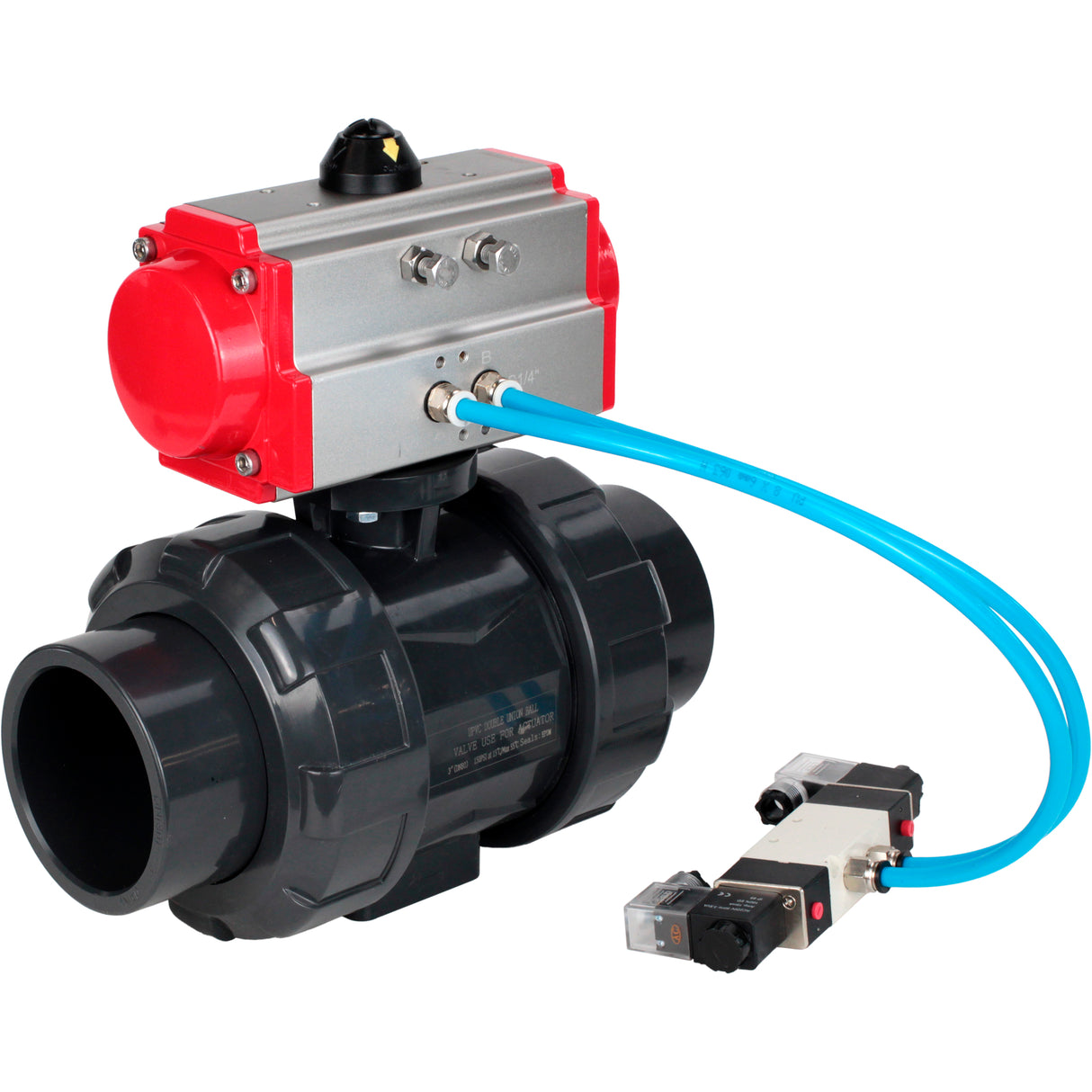 Ball valves Elephant BV4242E-FP-GRM-ISO, body material - UPVC, ball material - UPVC, seal - EPDM, with pneumatic actuator with return springs PA-SA and pneumatic distributor 4V320-10 220V
