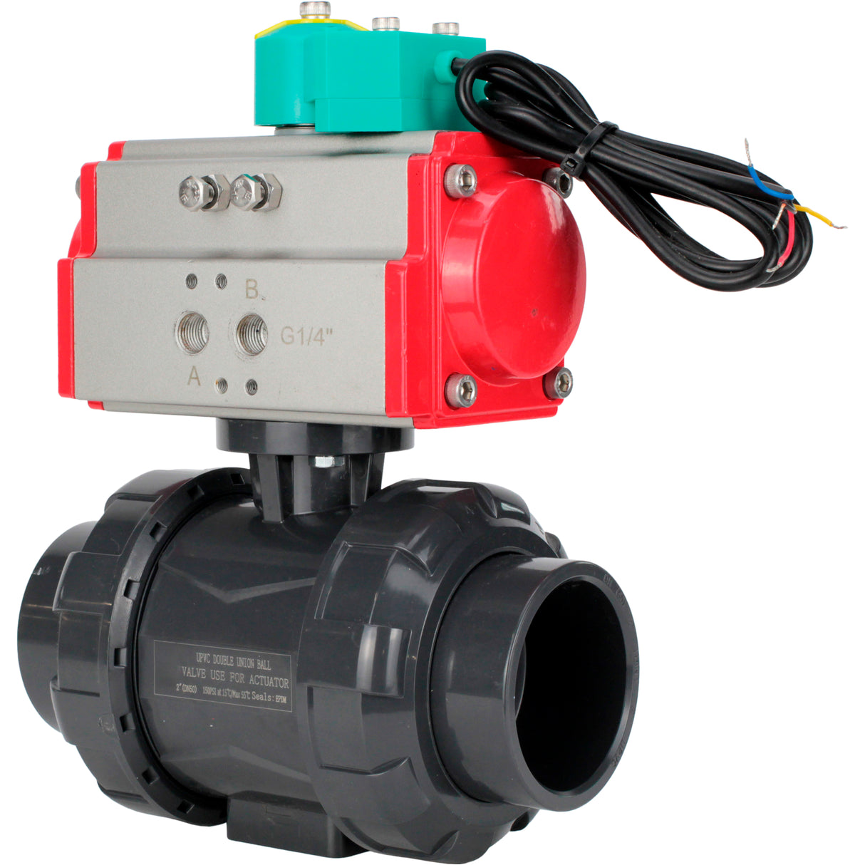 Ball valves Elephant BV4242E-FP-GRM-ISO, body material - UPVC, ball material - UPVC, seal - EPDM, with pneumatic actuator with return springs PA-SA and magnetic switch ALS200D