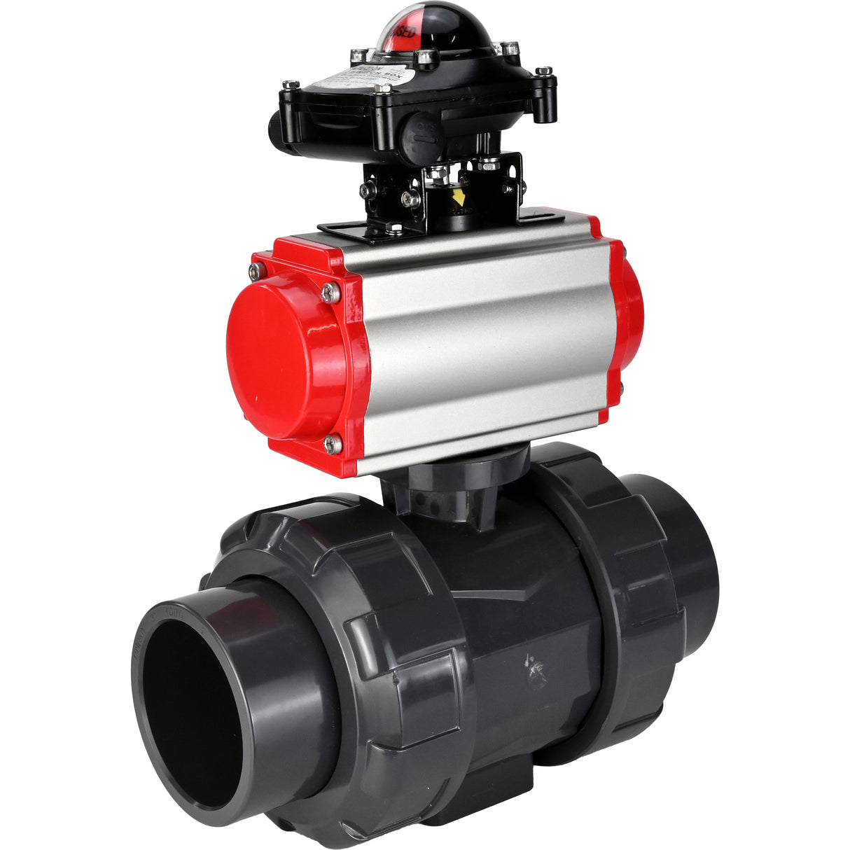 Ball valves Elephant BV4242E-FP-GRM-ISO, body material - UPVC, ball material - UPVC, seal - EPDM, with pneumatic actuator with return springs PA-SA and LSU APL-210N