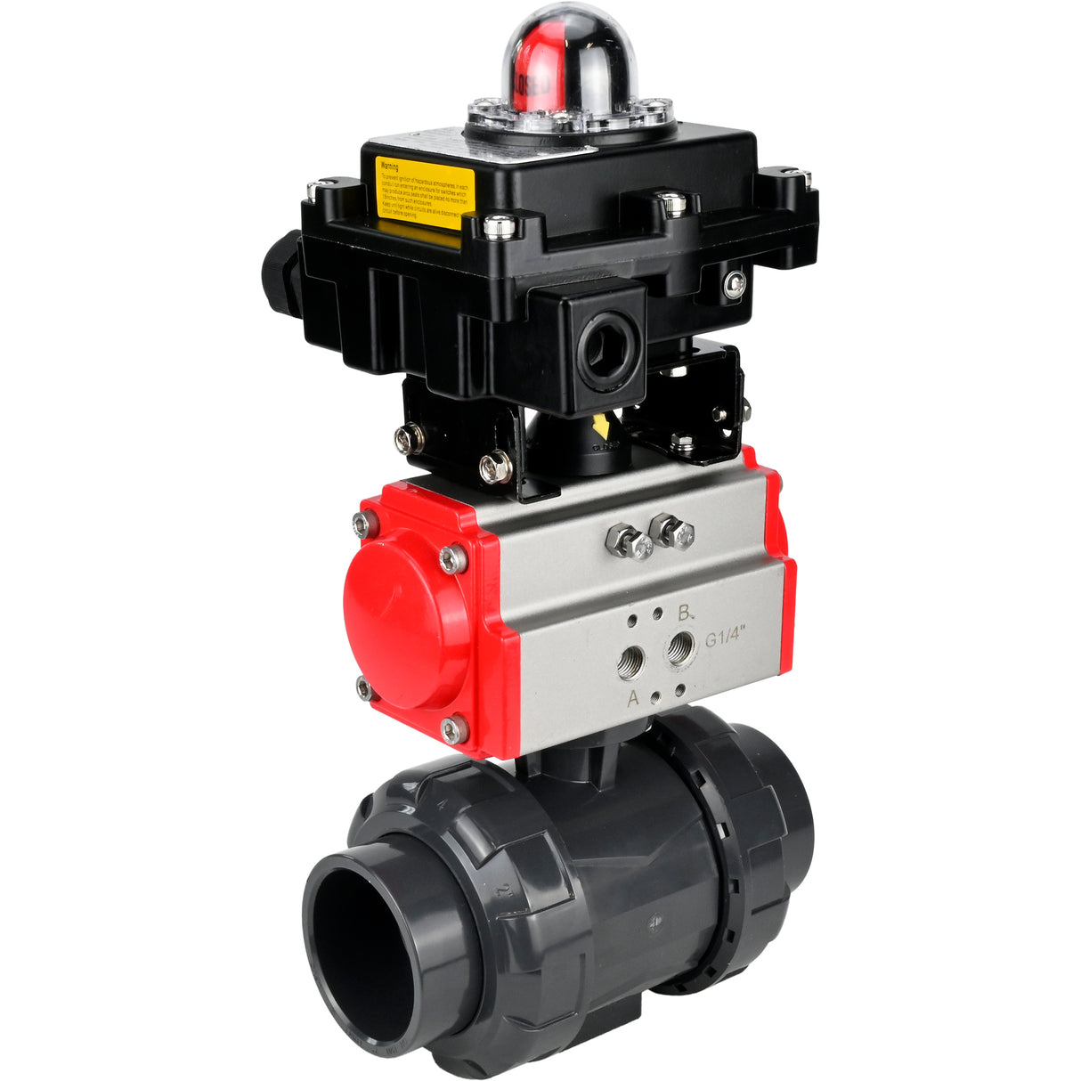 Ball valves Elephant BV4242E-FP-GRM-ISO, body material - UPVC, ball material - UPVC, seal - EPDM, with pneumatic actuator with return springs PA-SA and LSU APL-410N EX