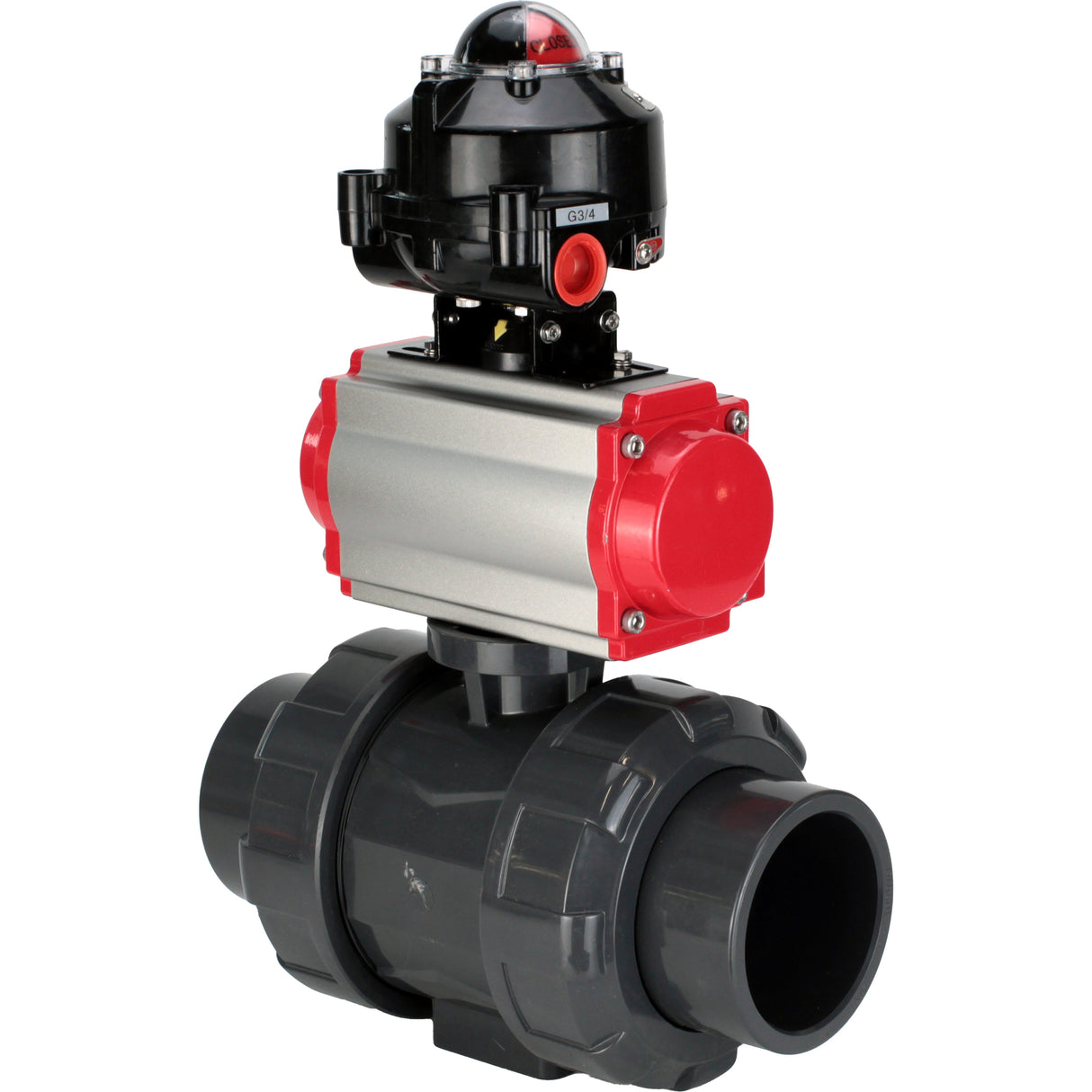 Ball valves Elephant BV4242E-FP-GRM-ISO, body material - UPVC, ball material - UPVC, seal - EPDM, with pneumatic actuator with return springs PA-SA and LSU APL-510N EX