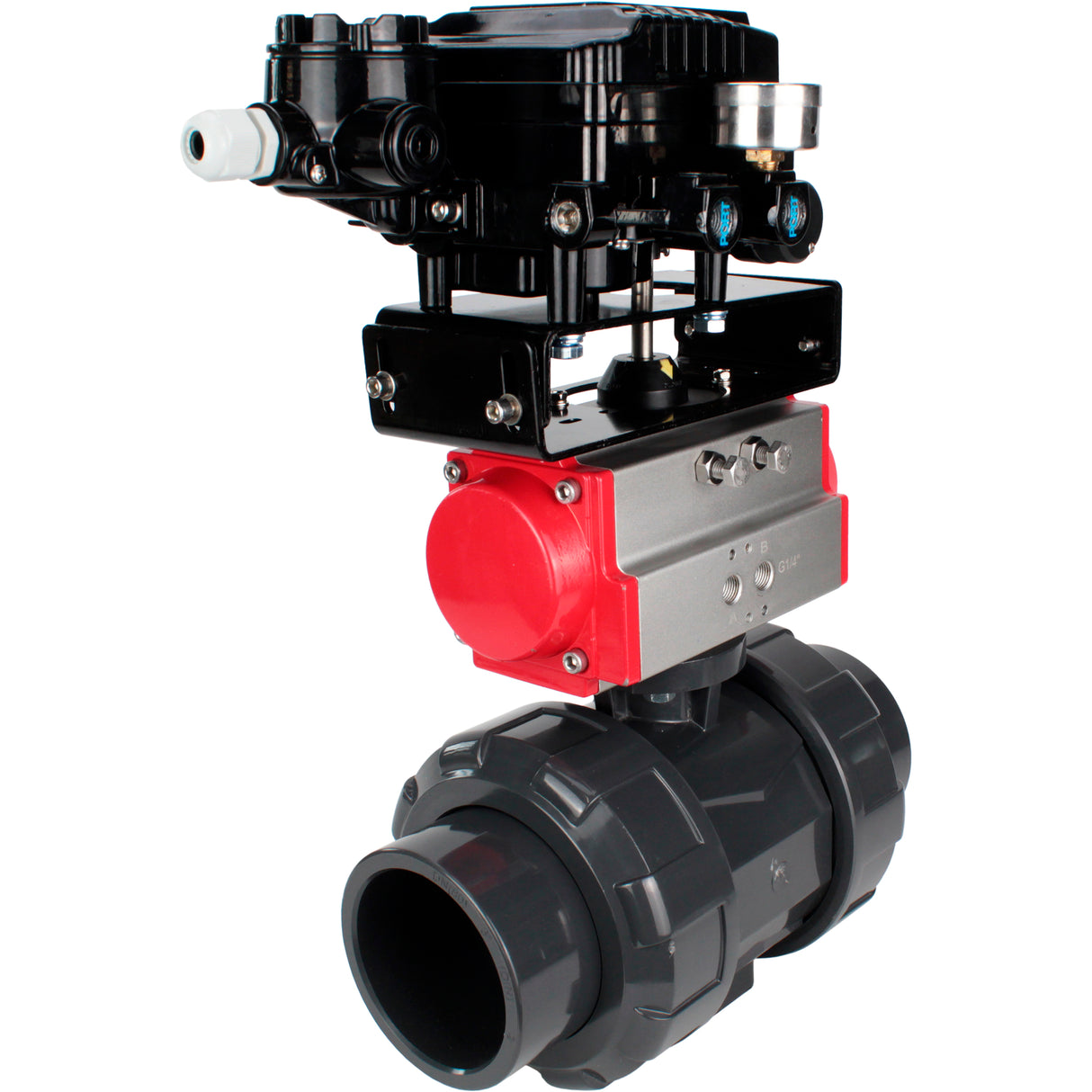 Ball valves Elephant BV4242E-FP-GRM-ISO, body material - UPVC, ball material - UPVC, seal - EPDM, with pneumatic actuator with return springs PA-SA and electro-pneumatic rotary positioner YT-1000RSN without feedback