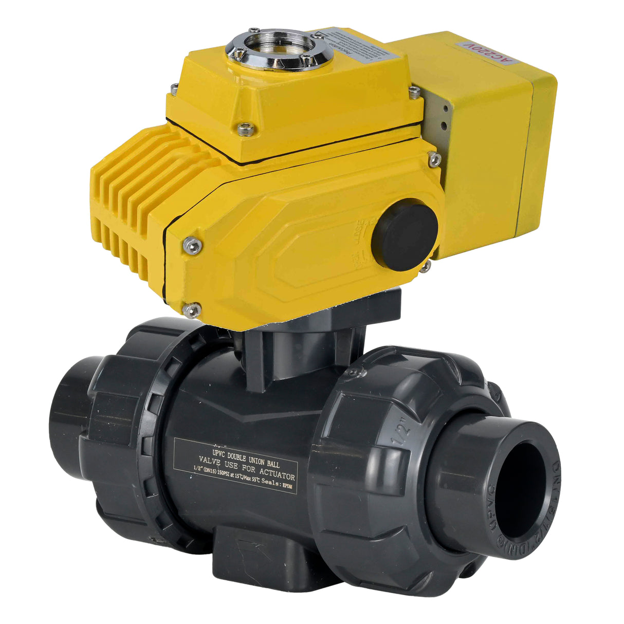Ball valves Elephant BV4242E-FP-GRM-ISO, body material - UPVC, ball material - UPVC, seal - EPDM, with quarter-turn actuator QT-N-EM-A1-220VAC-U1, feedback sensor and 4-20mA input control signal