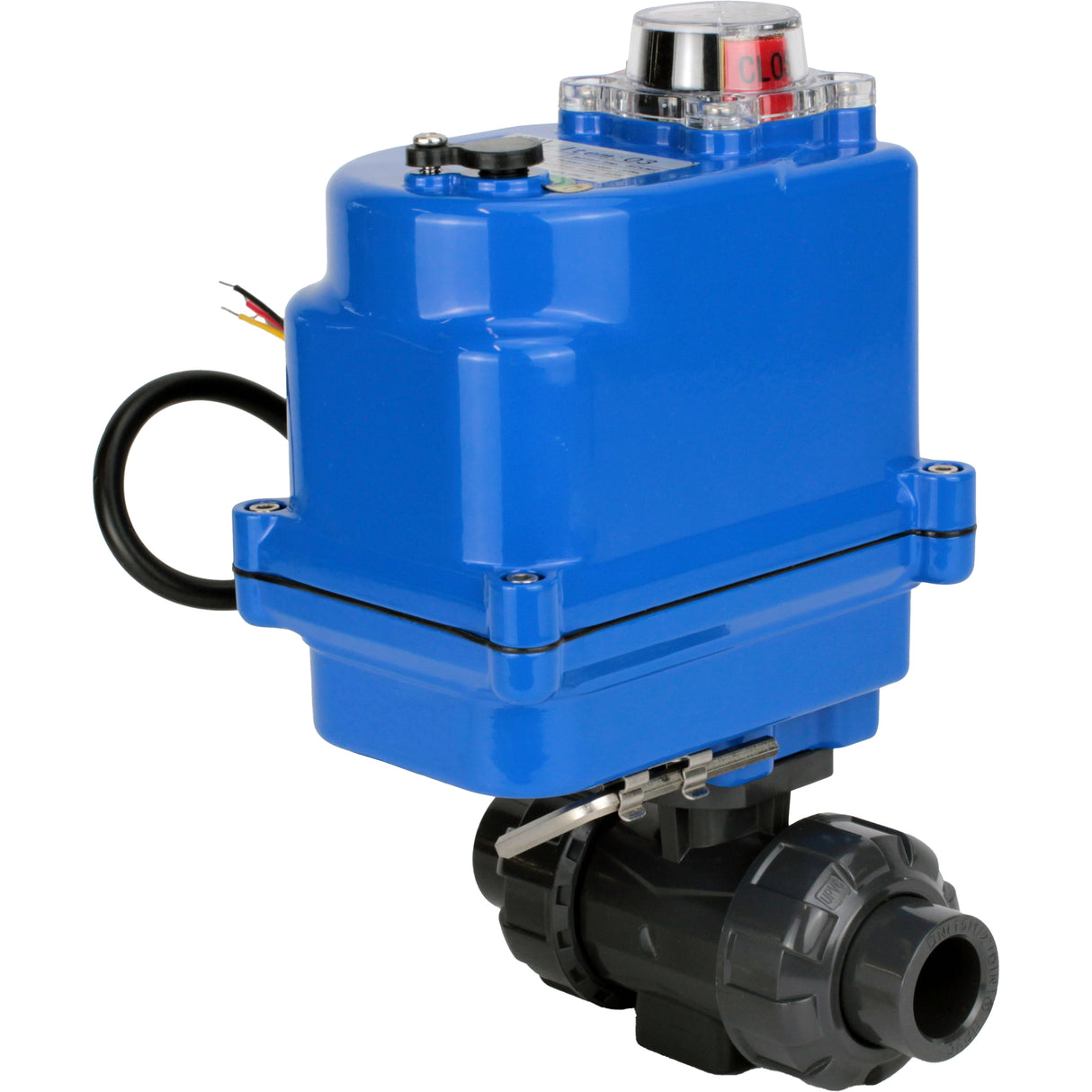 Ball valves Elephant BV4242E-FP-GRM-ISO, body material - UPVC, ball material - UPVC, seal - EPDM, with quarter-turn actuator QT-N-003EM-O1-24VDC-U1 blue