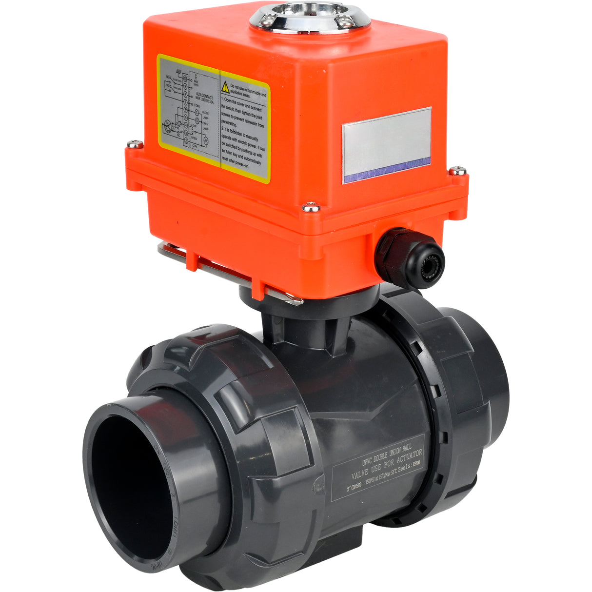 Ball valves Elephant BV4242E-FP-GRM-ISO, body material - UPVC, ball material - UPVC, seal - EPDM, with quarter-turn actuator QT-N-003EM-O1-220VAC-U1 MINI