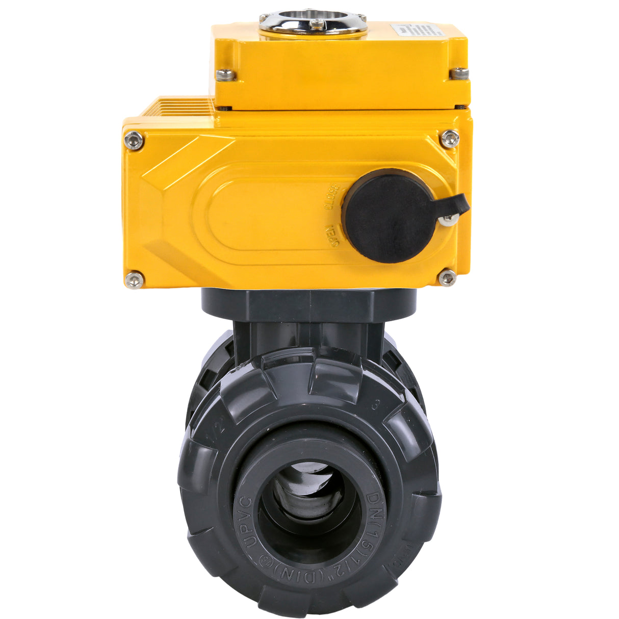 Ball valves Elephant BV4242E-FP-GRM-ISO, body material - UPVC, ball material - UPVC, seal - EPDM, with quarter-turn actuator QT-N-EM-O1-220VAC-U1 220V