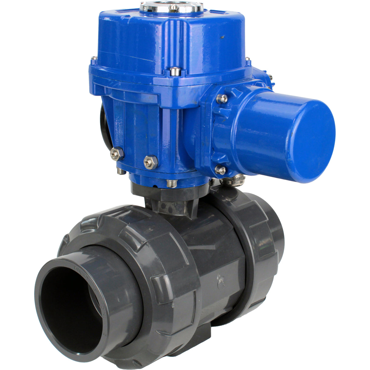 Ball valves Elephant BV4242E-FP-GRM-ISO, body material - UPVC, ball material - UPVC, seal - EPDM, with quarter-turn actuator QT-N-M-O2-380VAC-U1, torque clutch and handwheel