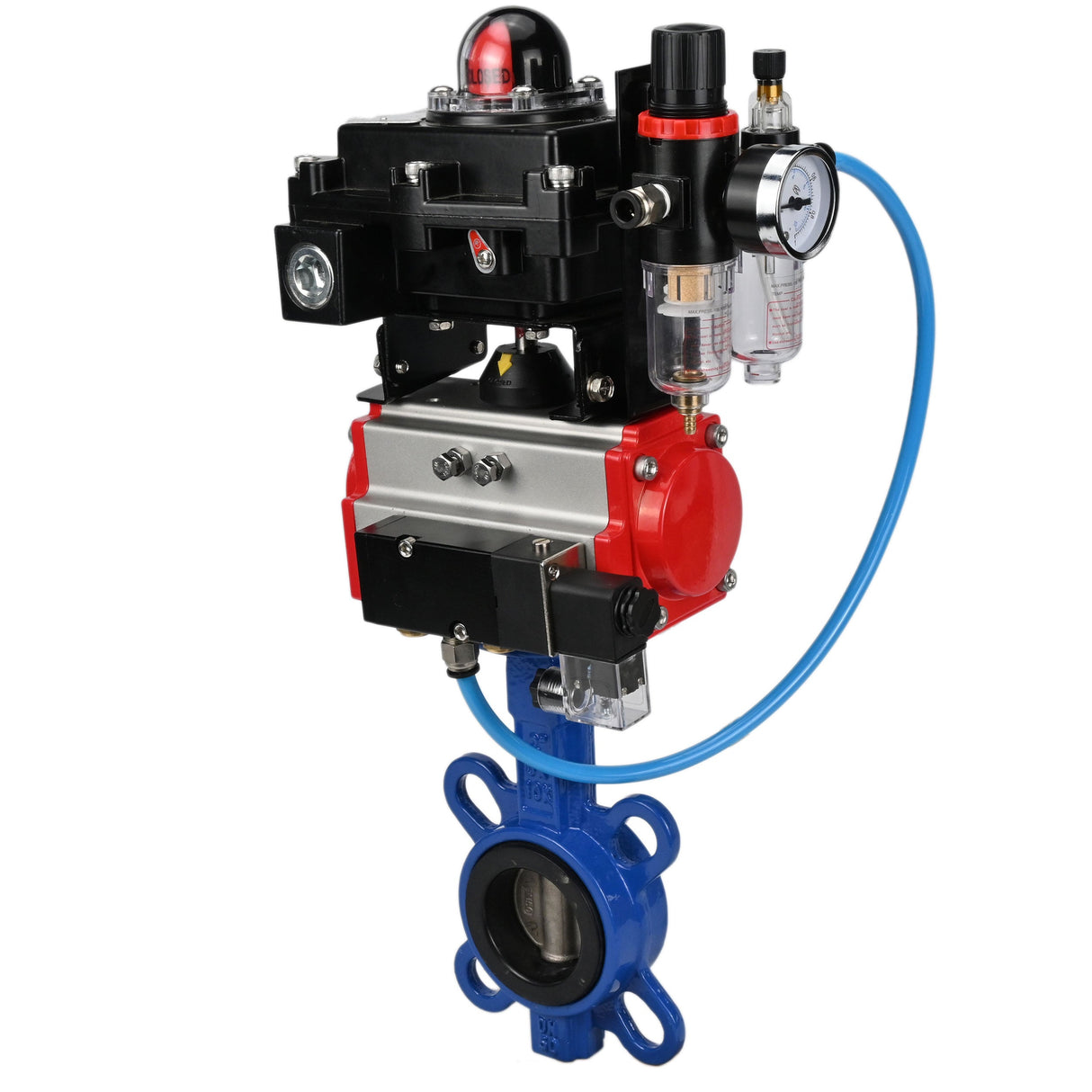 Water butterfly valve Elephant GGG50-GGG40-EPDM body material - cast iron GGG50, disk material - cast iron GGG40, seal - EPDM with pneumatic actuator Elephant DA, pneumatic distributor 4M310-08 220V, limit switch block APL-410N EX and air filter AFC2000